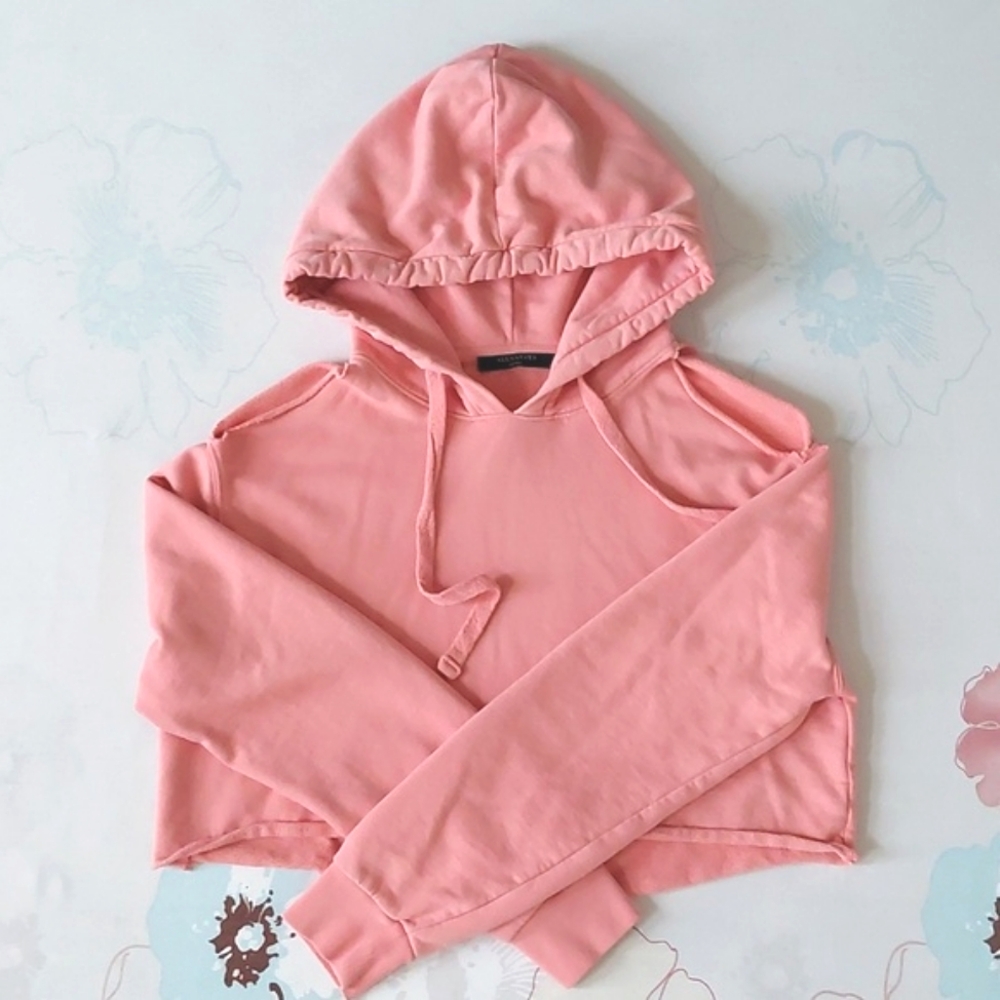 All saints cold shoulder cropped soft pink hoodie